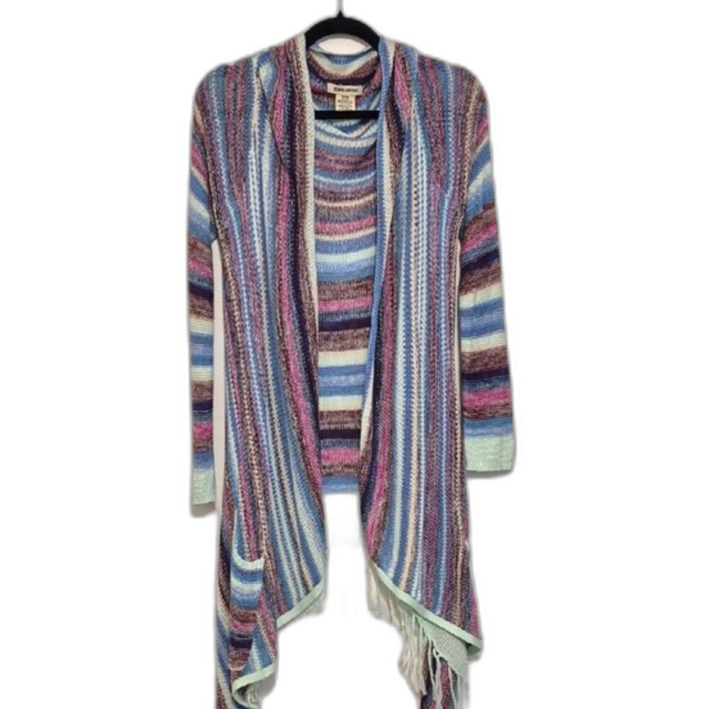Billabong Open Front Striped Cardigan L Boho Festival Waterfall Fringe Sweater